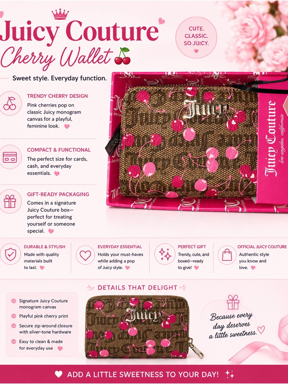 Juicy Couture Brown Monogram Wallet with Pink Cherry Print double zip around